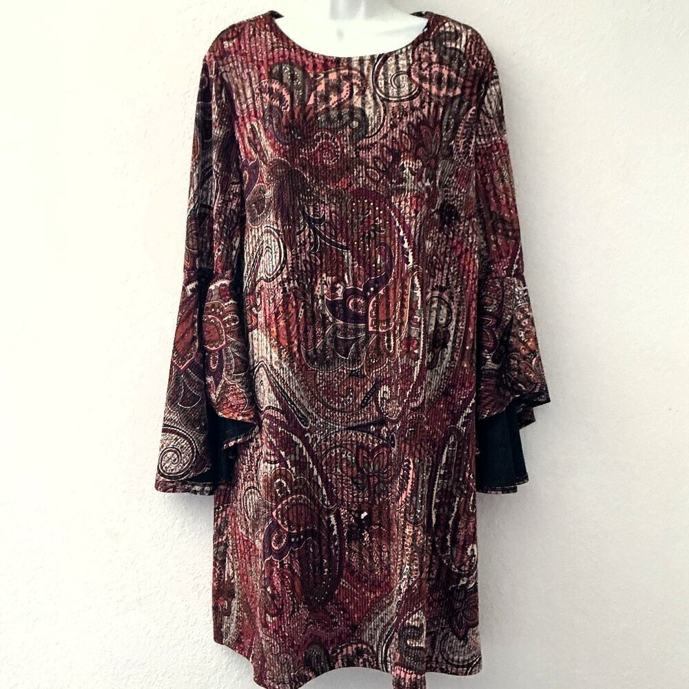 CATO Paisley Floral Bell Sleeve Shift Dress Maroon Purple Gray XL